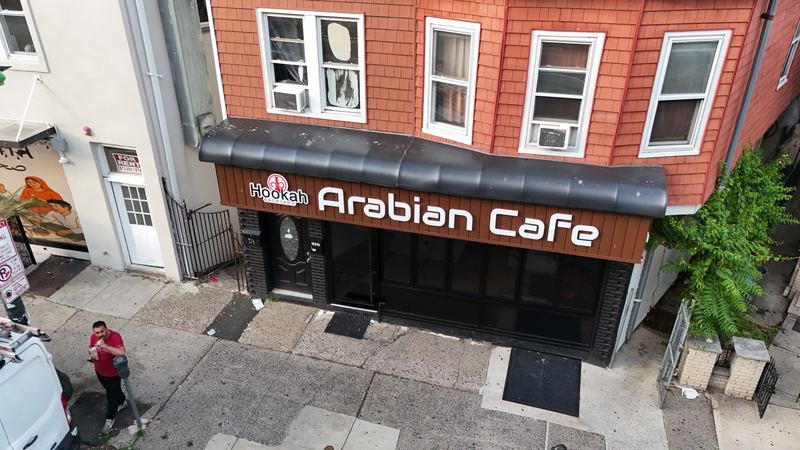 Angled drone shot of Arabian Cafe hookah lounge