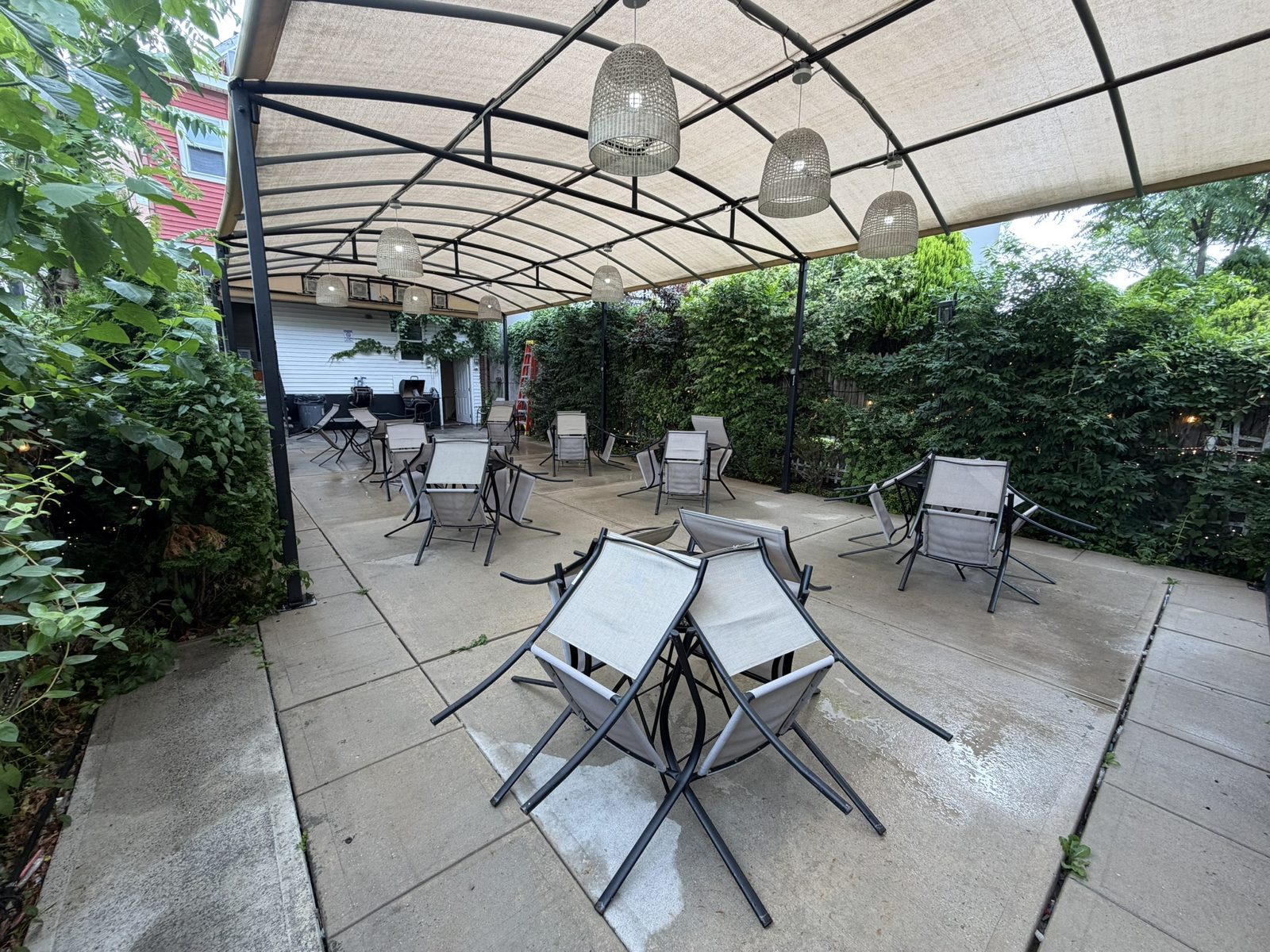Covered outdoor garden patio with greenery and string lights at Arabian Cafe, Paterson NJ