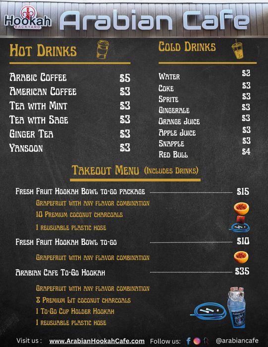Arabian Cafe hot and cold drinks and takeout menu board, Paterson NJ