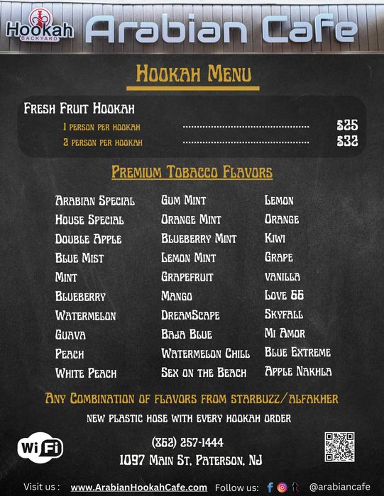 Arabian Cafe hookah menu and premium tobacco flavors board, Paterson NJ
